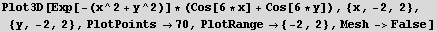 Plot3D[Exp[-(x^2 + y^2)] * (Cos[6 * x] + Cos[6 * y]), {x, -2, 2}, {y, -2, 2}, PlotPoints70, PlotRange {-2, 2}, Mesh->False]