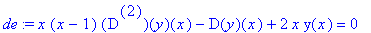 de := x*(x-1)*`@@`(D,2)(y)(x)-D(y)(x)+2*x*y(x) = 0
